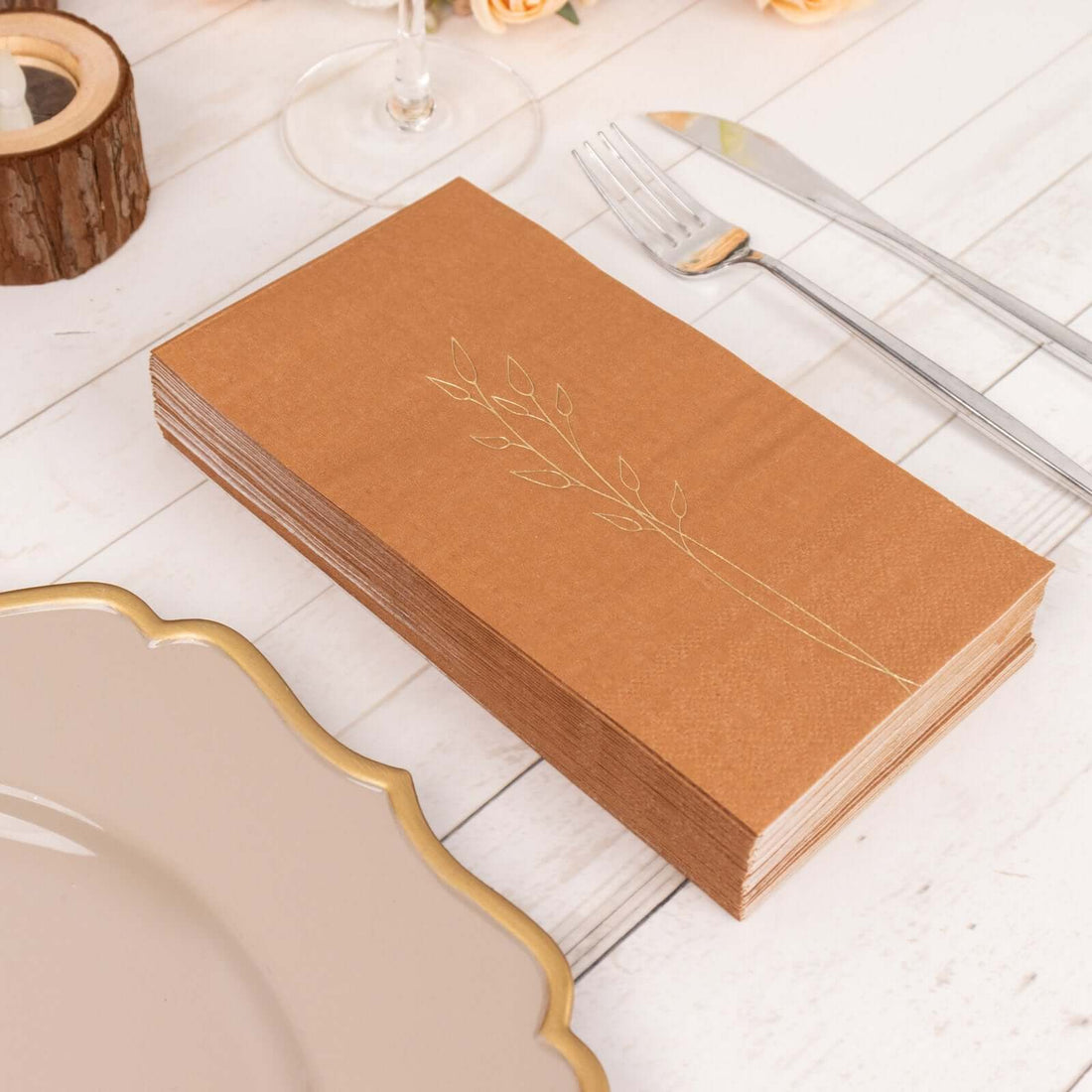 50 Pack Terracotta (Rust) Soft Paper Dinner Napkins with Gold Embossed Leaf