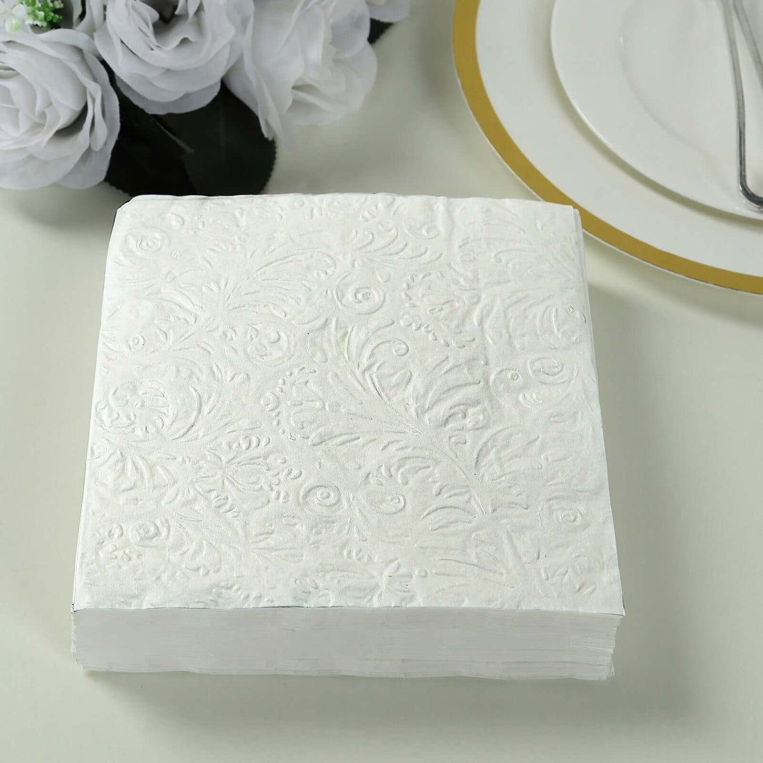 50 Pack White Embossed Paper Cocktail Napkins With French Swirl Pattern, Soft 2-ply Disposable Party