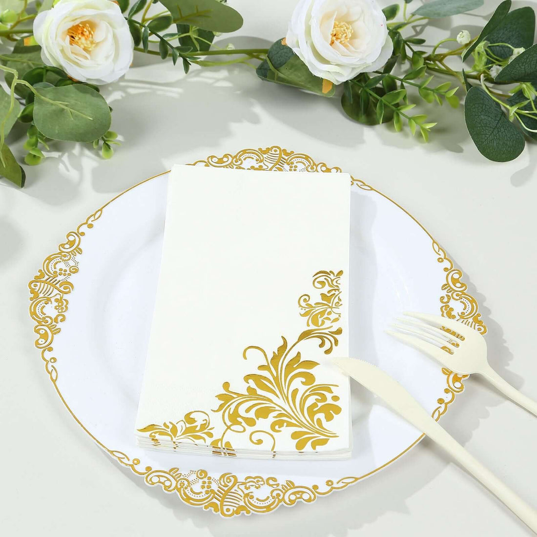 50 Pack White Gold Dinner Paper Napkins with Baroque Floral Print, Soft Disposable Party Napkins