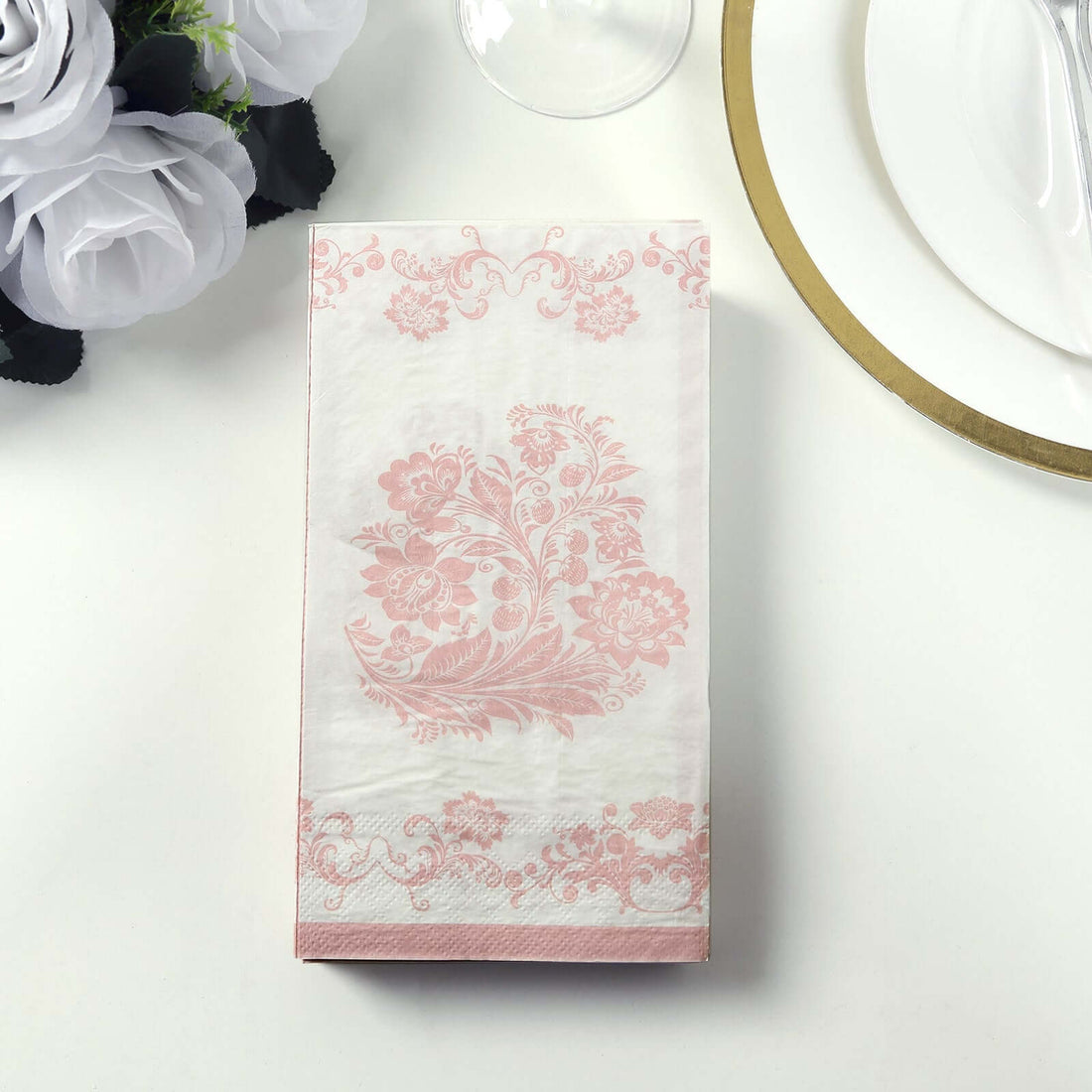 50-Pack Paper Dinner Napkins 2-Ply White with Pink Damask Floral Pattern