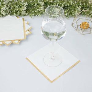 50-Pack Paper Beverage Napkins 2 Ply White with Gold Foil Edge 6.5"x6.5" - Soft Disposable Cocktail Napkins