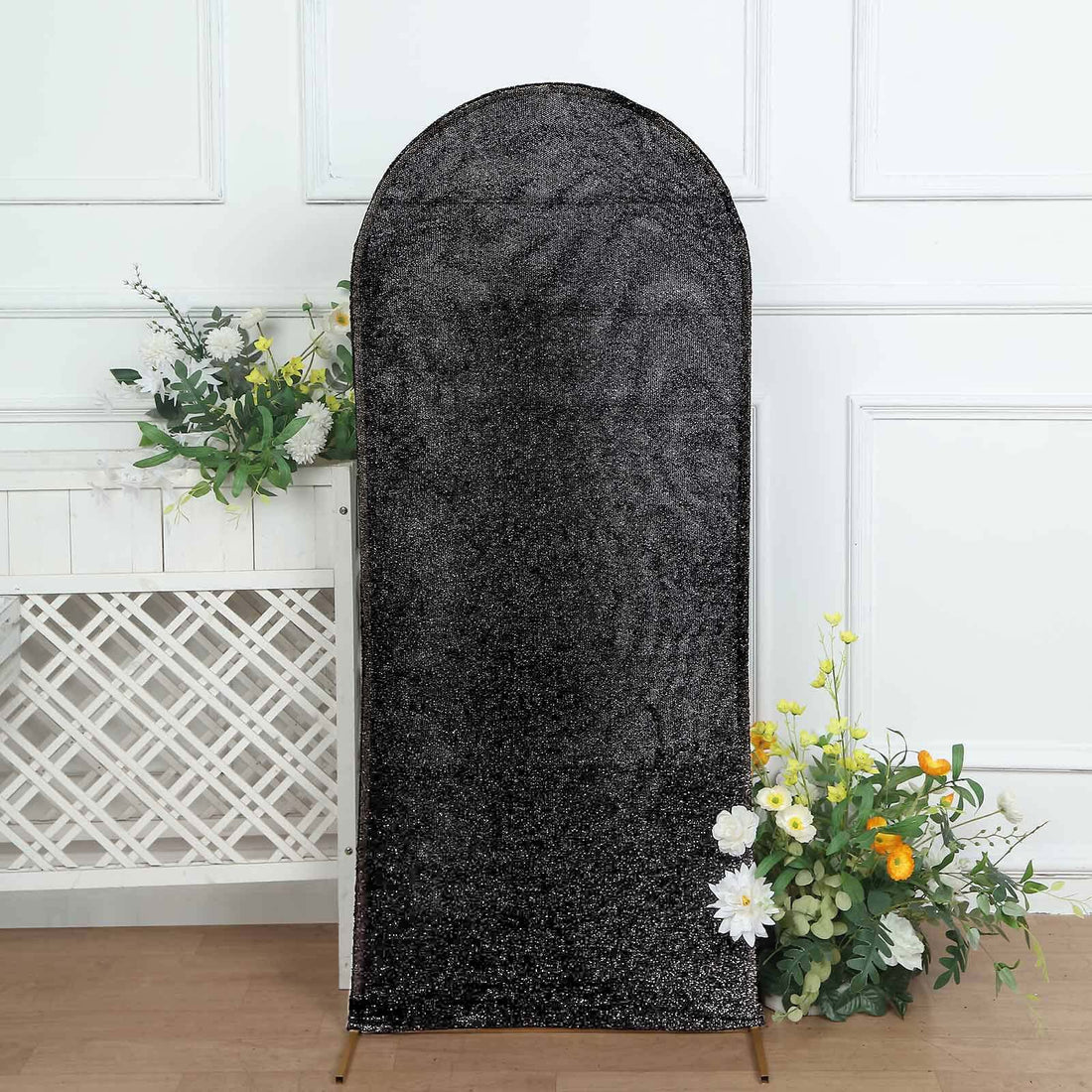 5ft Black Shimmer Tinsel Spandex Wedding Arch Cover For Fitted Round Top Chiara Backdrop Stand