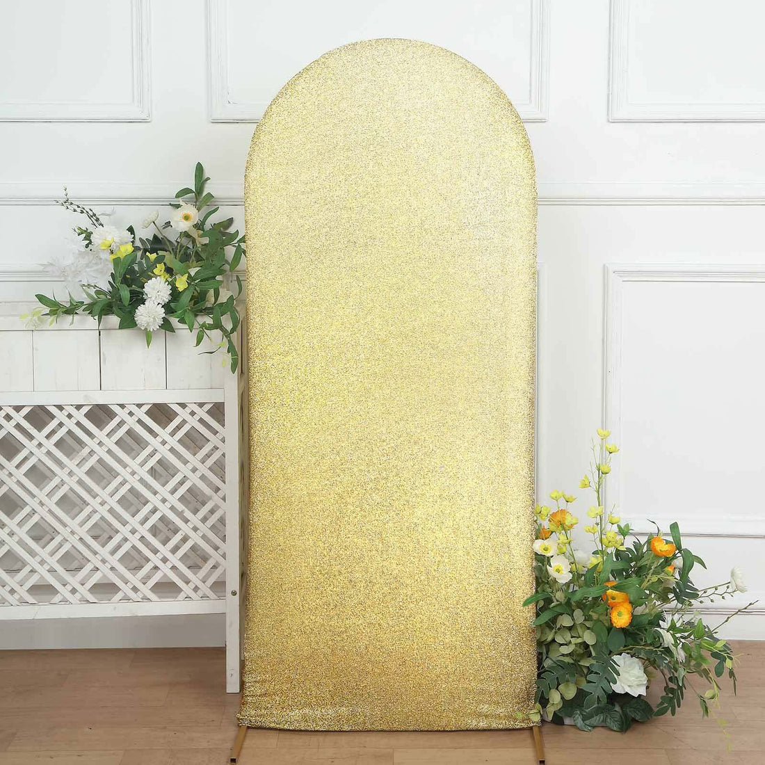 5ft Champagne Shimmer Tinsel Spandex Wedding Arch Cover For Fitted Round Top Chiara Backdrop Stand