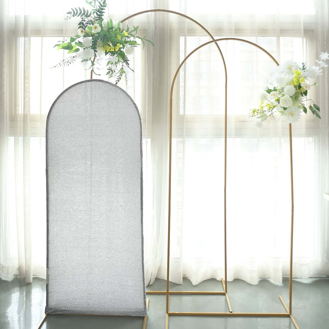 5 Feet Silver Shimmer Tinsel Spandex Round Top Arch Cover for Chiara Backdrop Stand