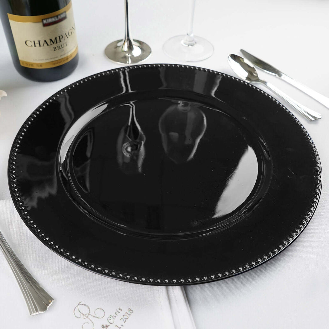 6 Pack 13inch Beaded Black Acrylic Charger Plate, Plastic Round Dinner Charger