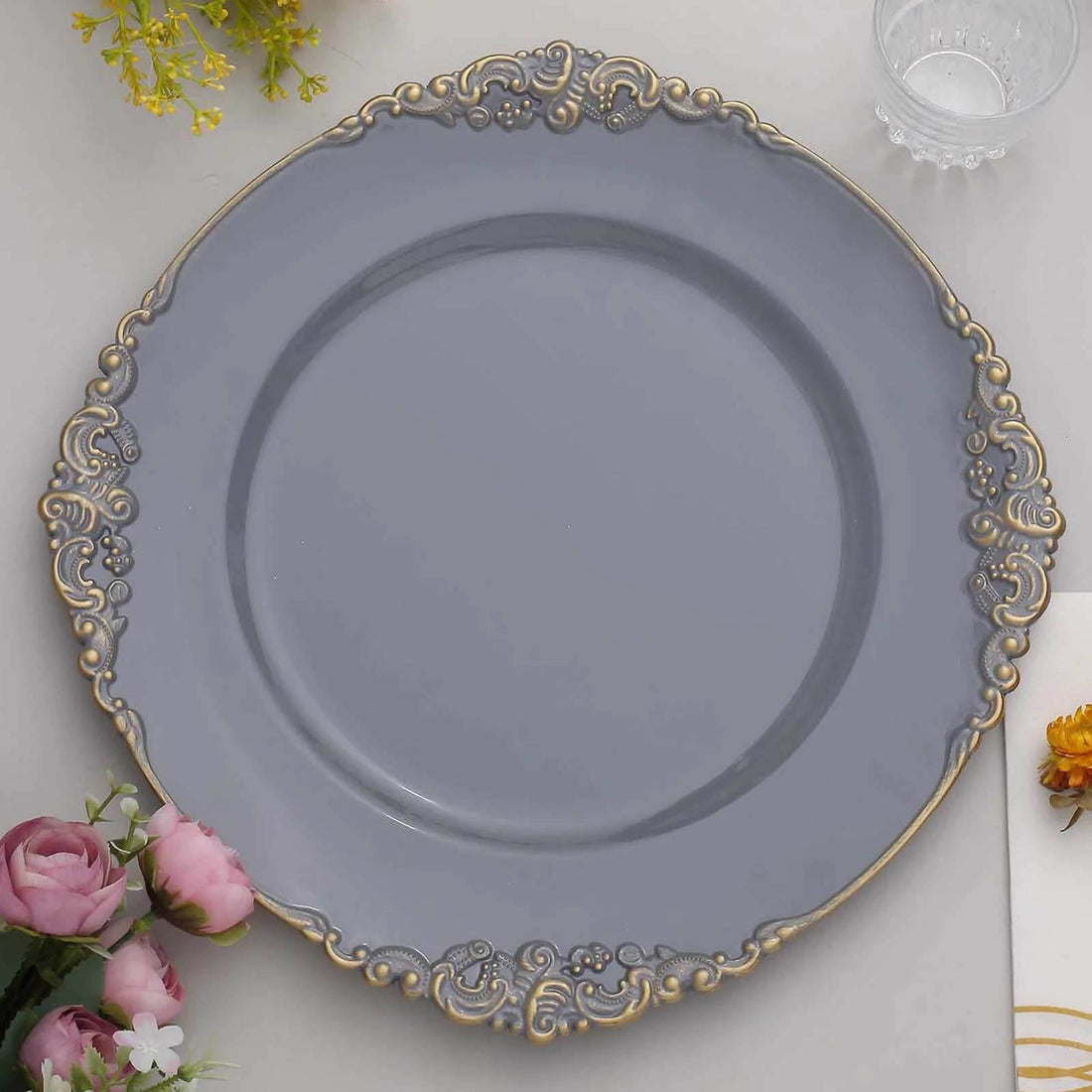 10 Inch Size Charcoal Gray Color Gold Leaf Embossed Rim Dinner Plates