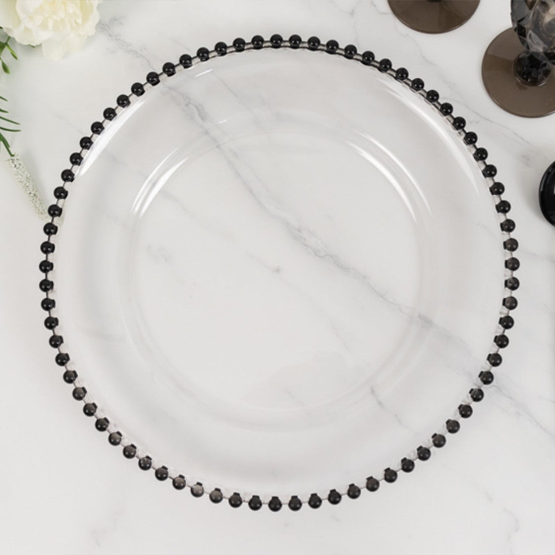 6 Pack Clear Acrylic Plastic Charger Plates With Black Beaded Rim - 13inch