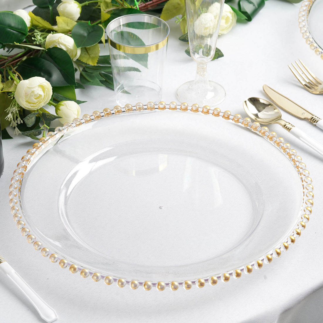6 Pack | 12inch Clear/Gold Acrylic Plastic Charger Plates With Gold Beaded Rim
