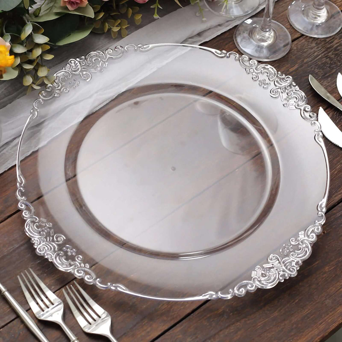 10 Inch Size Clear Color Gold Leaf Embossed Rim Dinner Plates