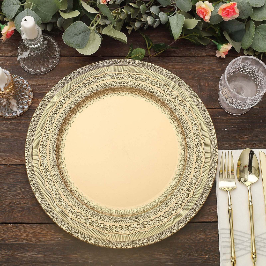 6 Pack | 13inch Gold Rustic Lace Embossed Acrylic Plastic Charger Plates