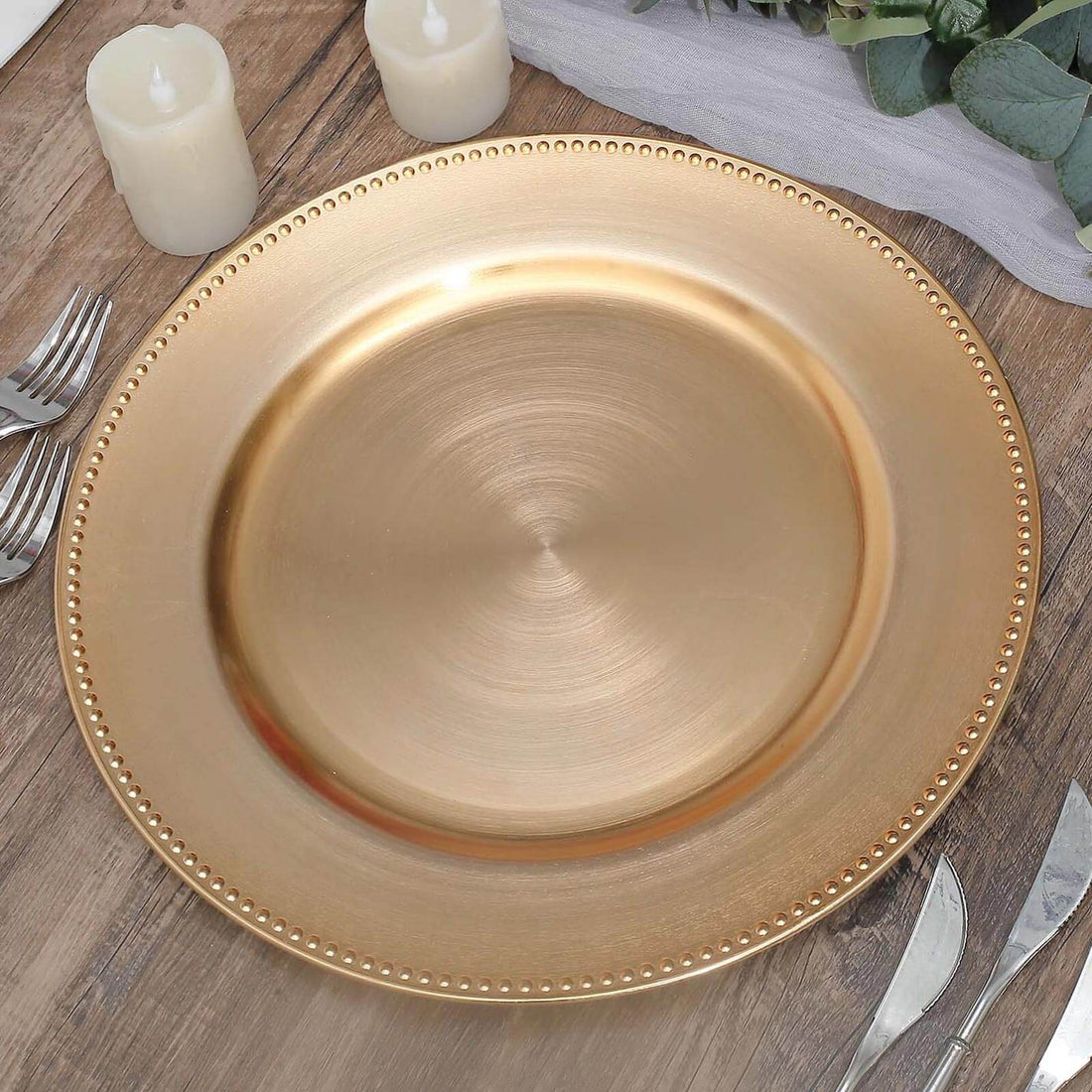 Acrylic charger plates, metallic gold round charger plates with beaded rim design, measuring 13 inch