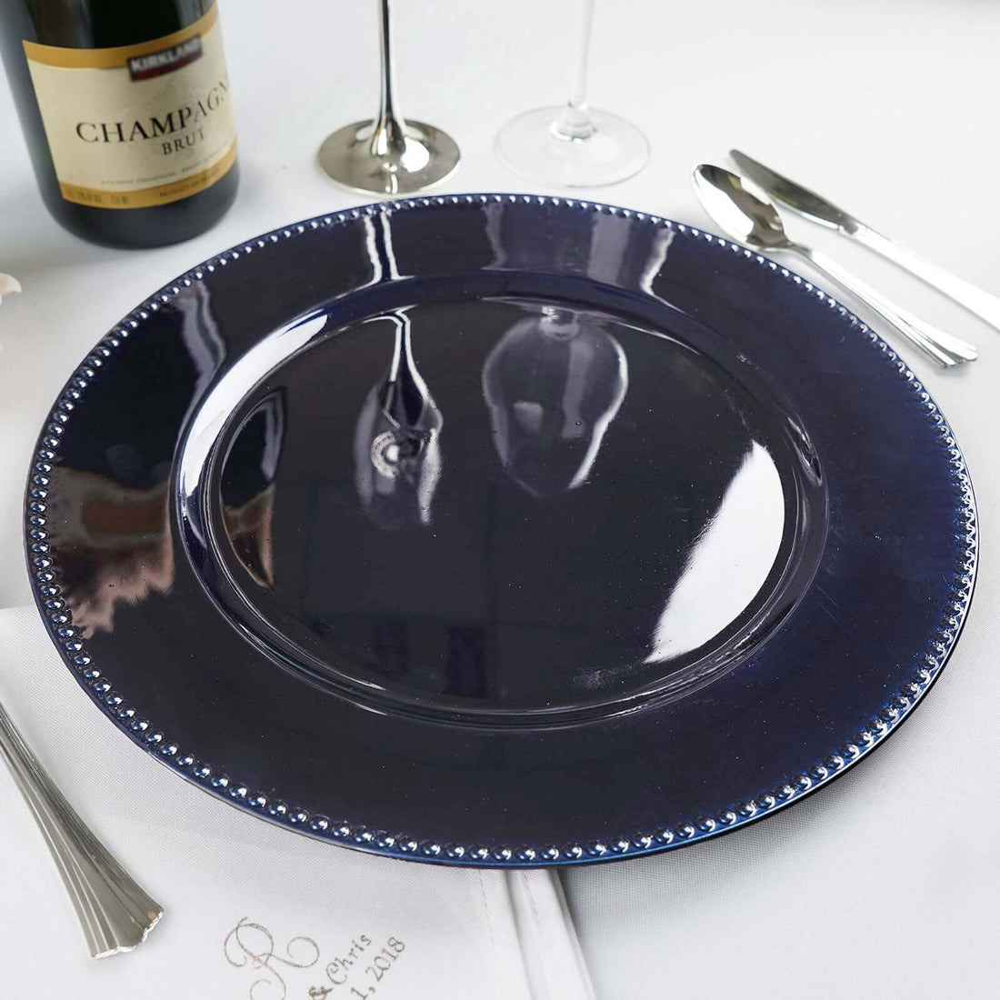 6 Pack 13inch Beaded Navy Blue Acrylic Charger Plate, Plastic Round Dinner Charger