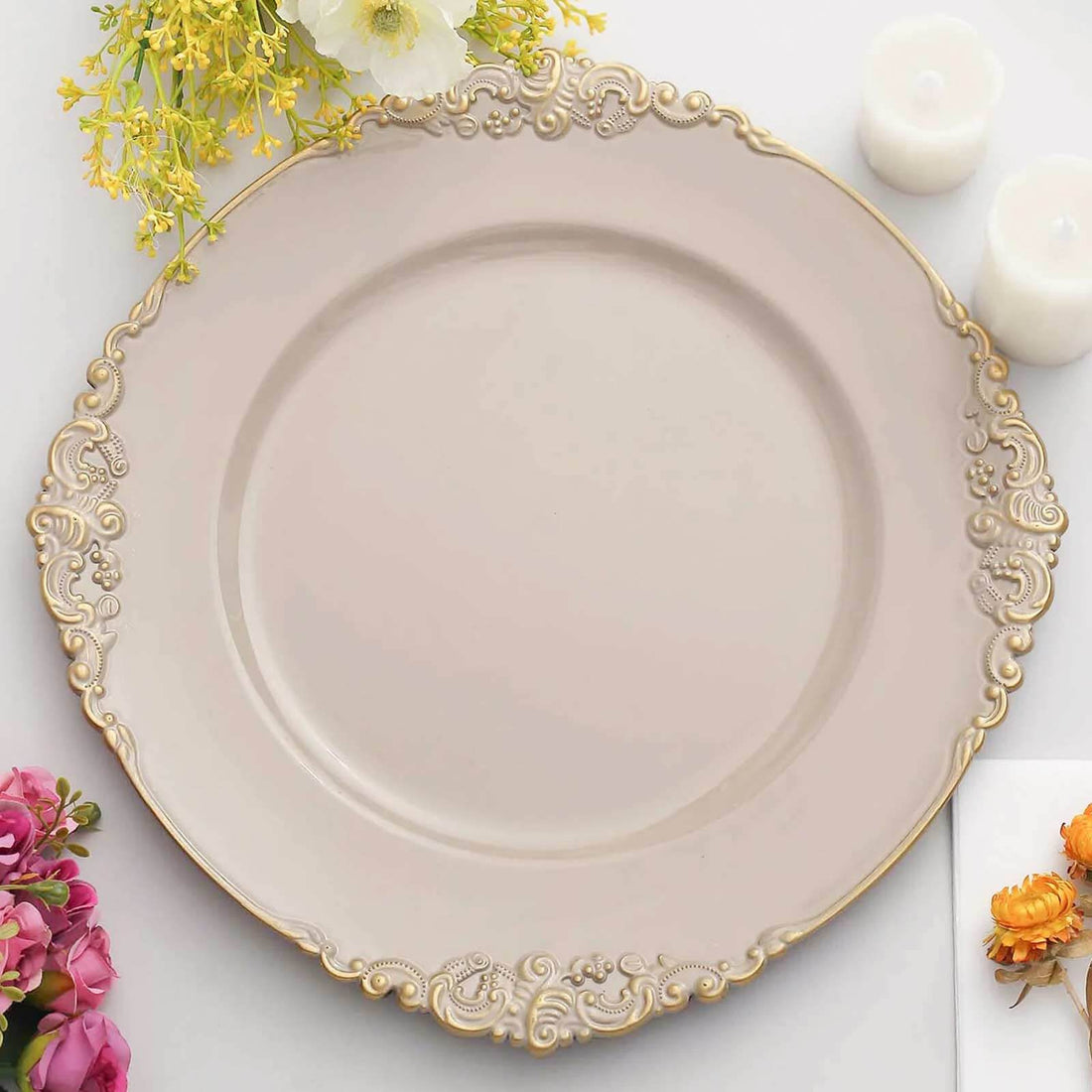 13 Inch Size Nude Taupe Acrylic Charger Plates With Gold Embossed Rim