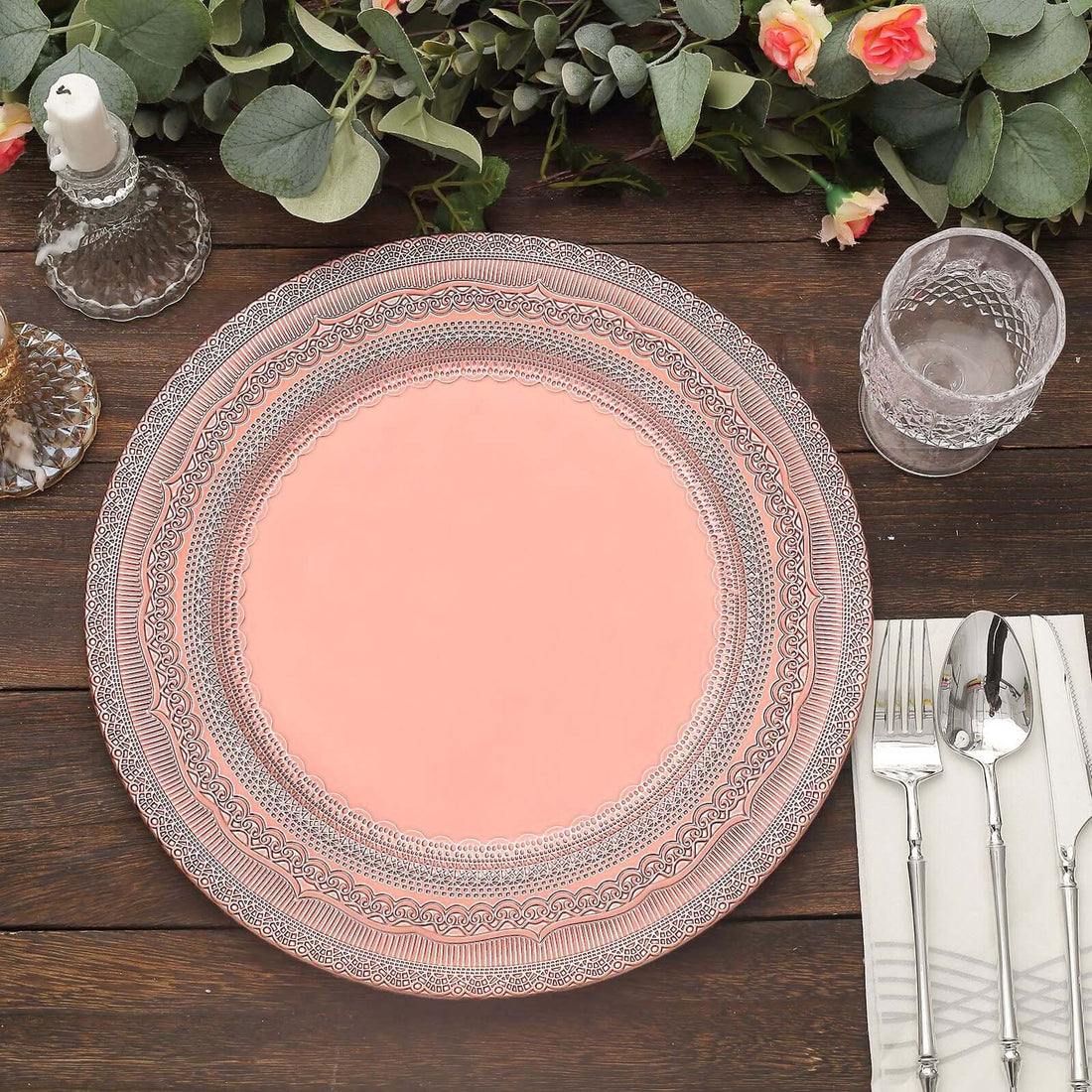 6 Pack | 13inch Blush Rose Gold Rustic Lace Embossed Acrylic Plastic Charger Plates