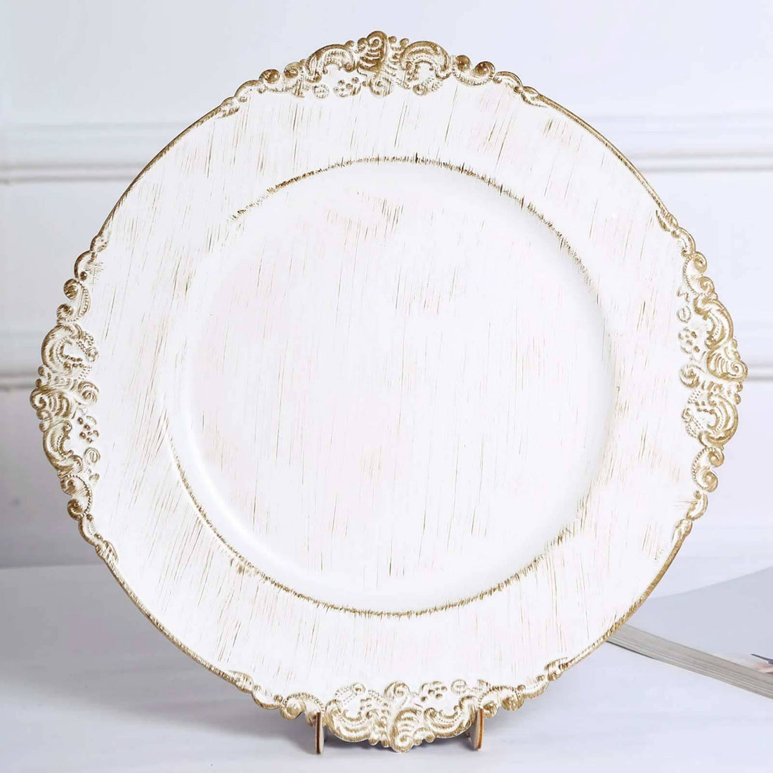 6-Pack Acrylic Charger Plates 13" Round White Washed with Gold Embossed Baroque Rim - Antique Decorative Dinner Tableware