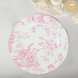 6-Pack Acrylic Charger Plates 13" Round White with Pink Floral French Toile Pattern - Decorative Dinner Party Charger Tableware