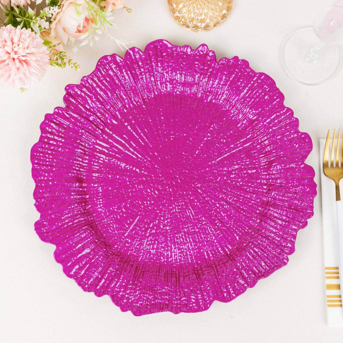 6 Pack Fuchsia Round Reef Acrylic Plastic Charger Plates, Dinner Charger Plates