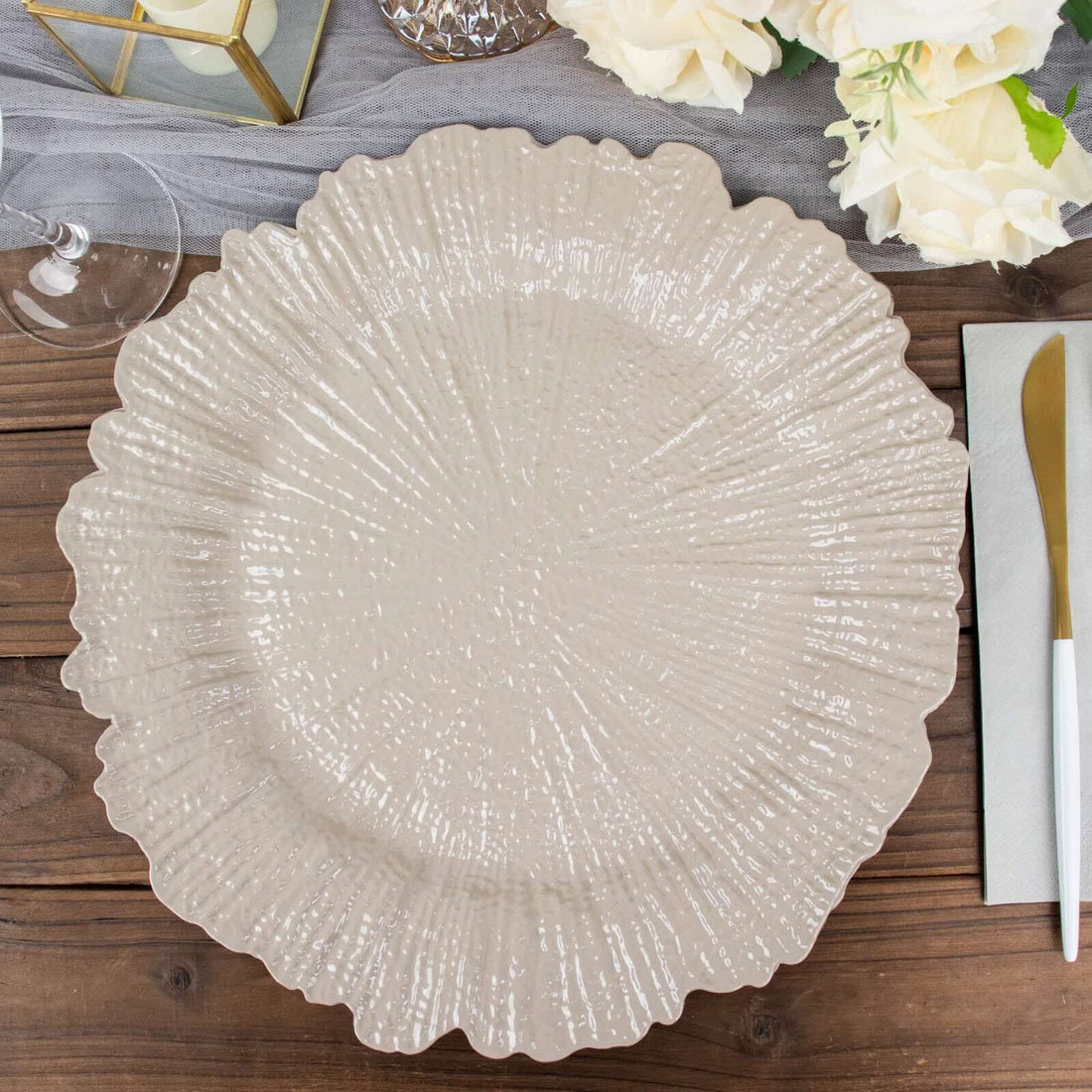 6 Pack | 13inch Taupe Round Reef Acrylic Plastic Charger Plates, Dinner Charger Plates
