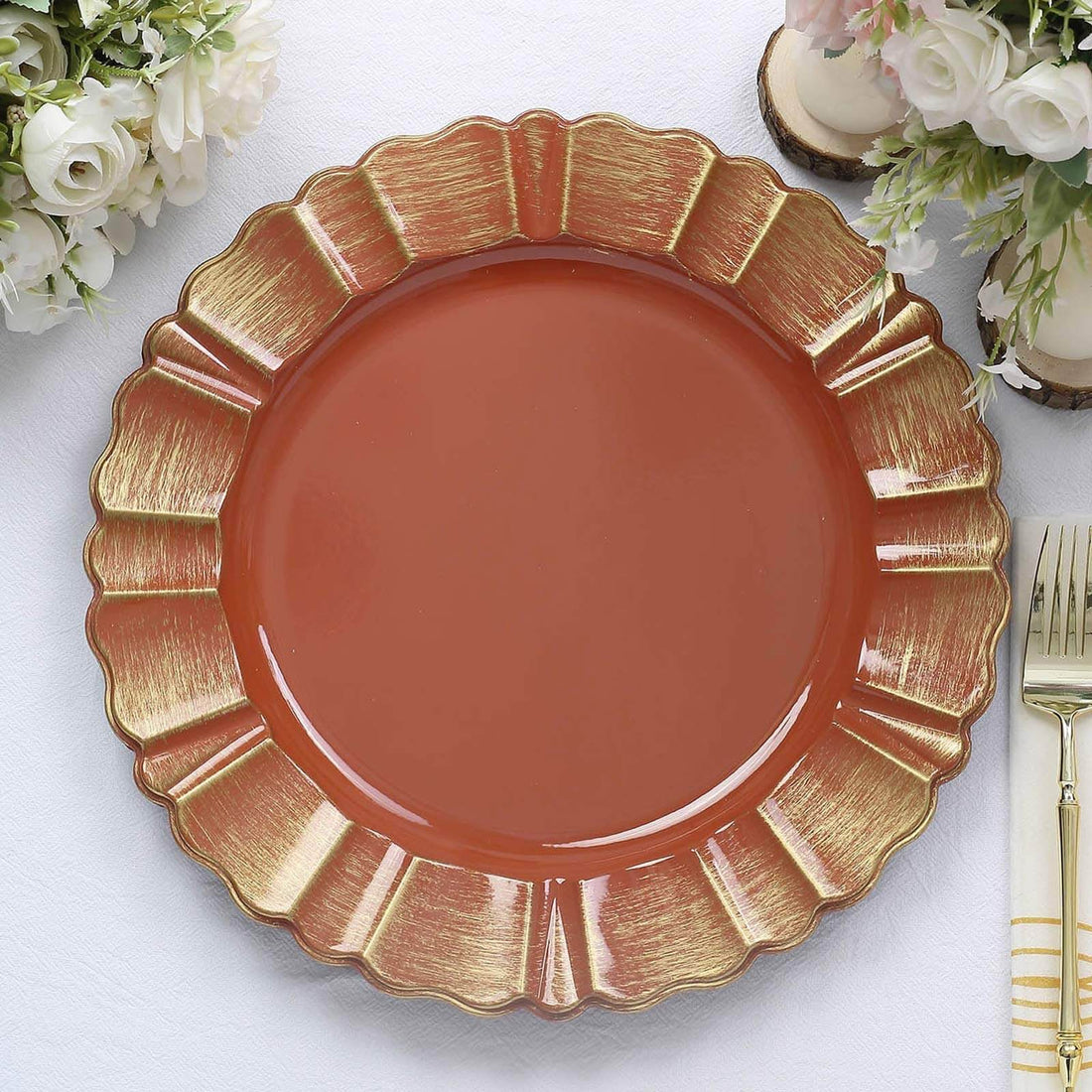 6 Pack Terracotta (Rust) Acrylic Plastic Charger Plates Gold Brushed Wavy Scalloped Rim