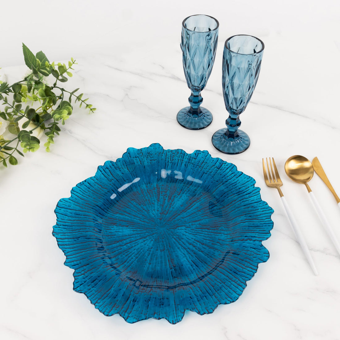 6 Pack Transparent Navy Blue Round Reef Acrylic Plastic Charger Plates, Dinner Charger Plates