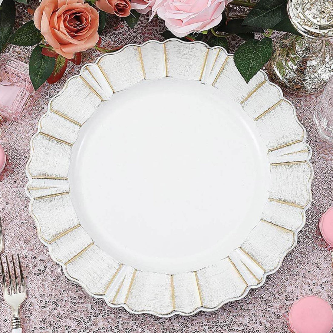 6-Pack Acrylic Plastic Charger Plates 13" Round White with Gold Brushed Wavy Scalloped Rim - Decorative Dinner Party Charger Tableware