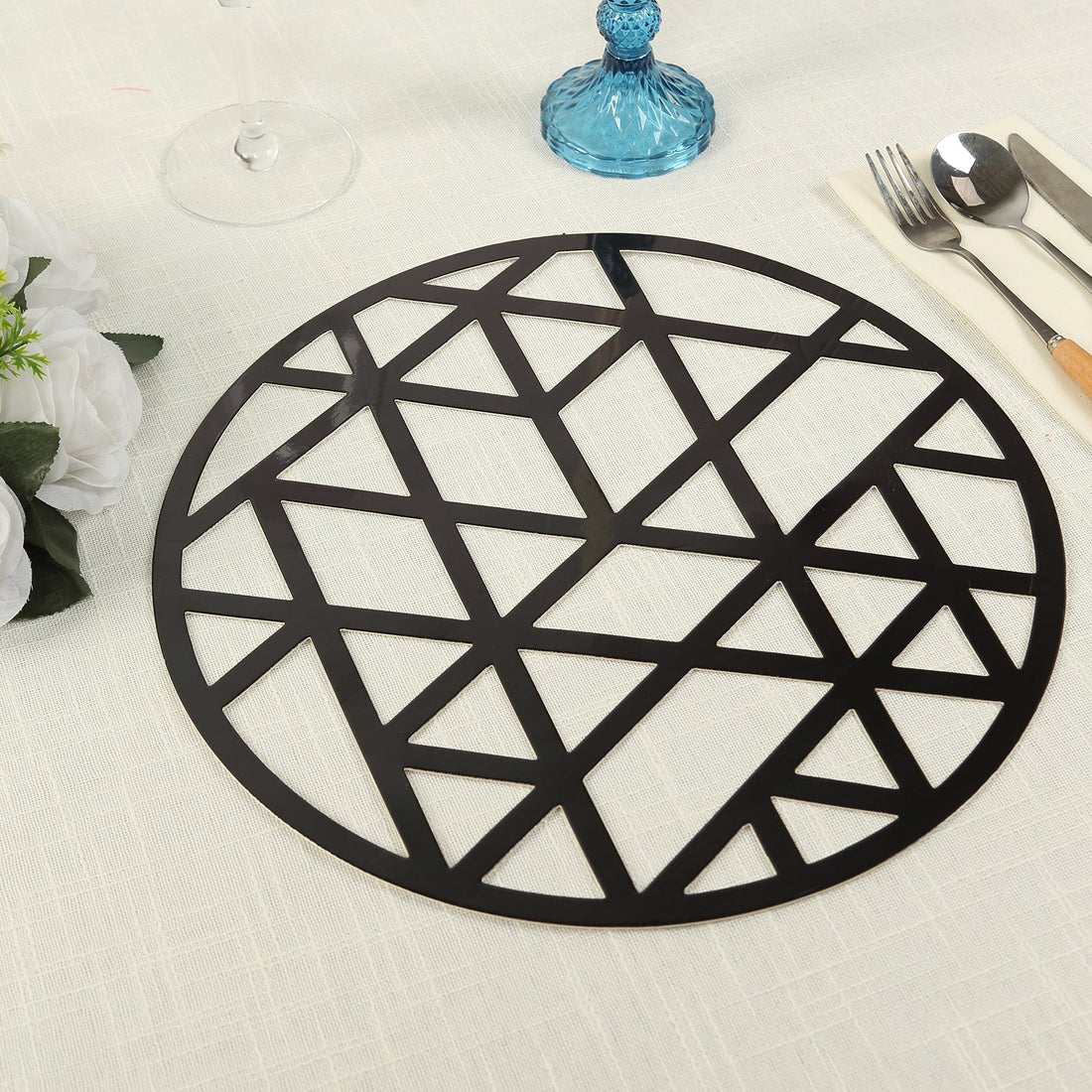 6 Pack Black Laser Cut Geometric Triangle Placemats, Round Disposable Cardboard Dining Table Mat