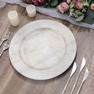 6-Pack Faux Wood Charger Plates 13" Round White Washed Embossed Sunray Pattern - Chic Plastic Decorative Chargers