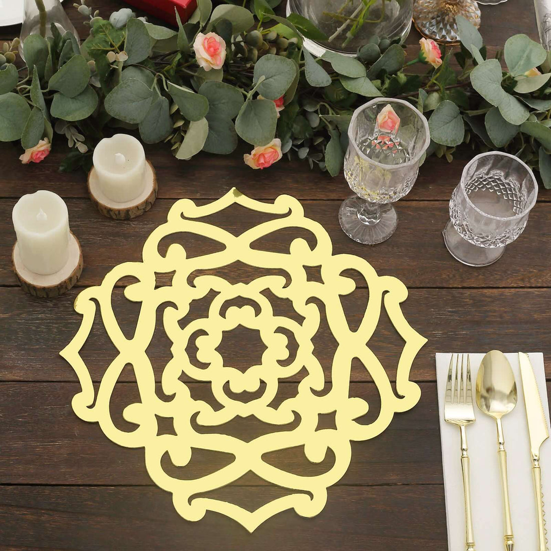 6 Pack Metallic Gold Laser Cut Flower Design Cardboard Placemats, 13inch Disposable Dining Table Mat