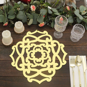 6-Pack Disposable Table Placemats 13" Metallic Gold Laser Cut Flower Design - 700GSM Cardboard Placemats for Upscale Occasions