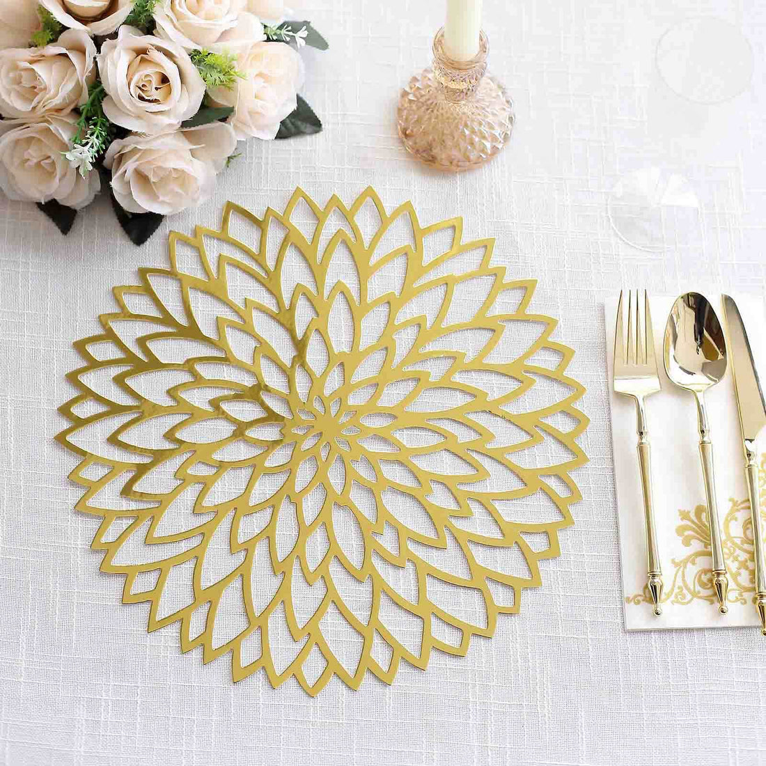 6-Pack Disposable Table Placemats 13" Metallic Gold Laser Cut Hibiscus Flower Design - 400GSM Cardboard Placemats for Upscale Events