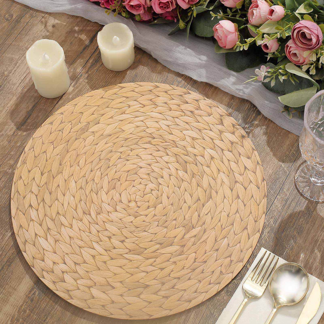 6 Pack Natural Woven Rattan Print Cardstock Paper Placemats, 13inch Round Disposable Dining Table