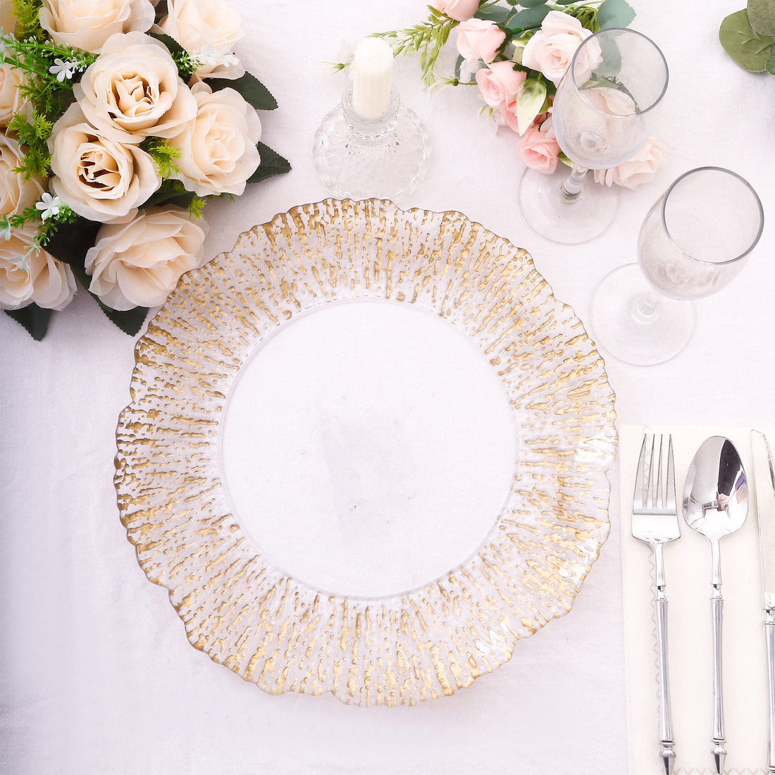 6 Pack Clear Plastic Charger Plates With Gold Reef Rim, 12inch Round Scalloped Serving Plate