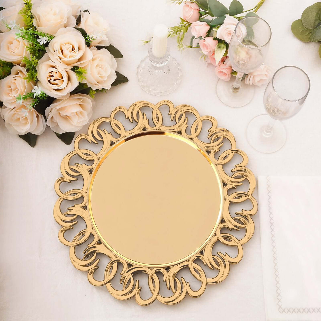 6 Pack Gold Plastic Charger Plates With Entwined Swirl Rim, 13inch Round Disposable Serving Plates