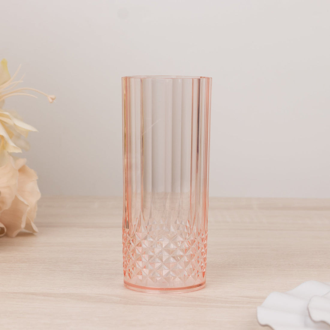6 Pack Transparent Blush Crystal Cut Reusable Plastic Highball Drink Glasses, Shatterproof Tall