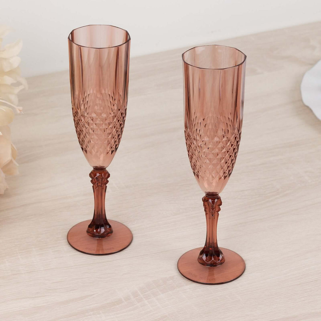 6 Pack Dusty Rose Crystal Cut Reusable Plastic Champagne Glasses