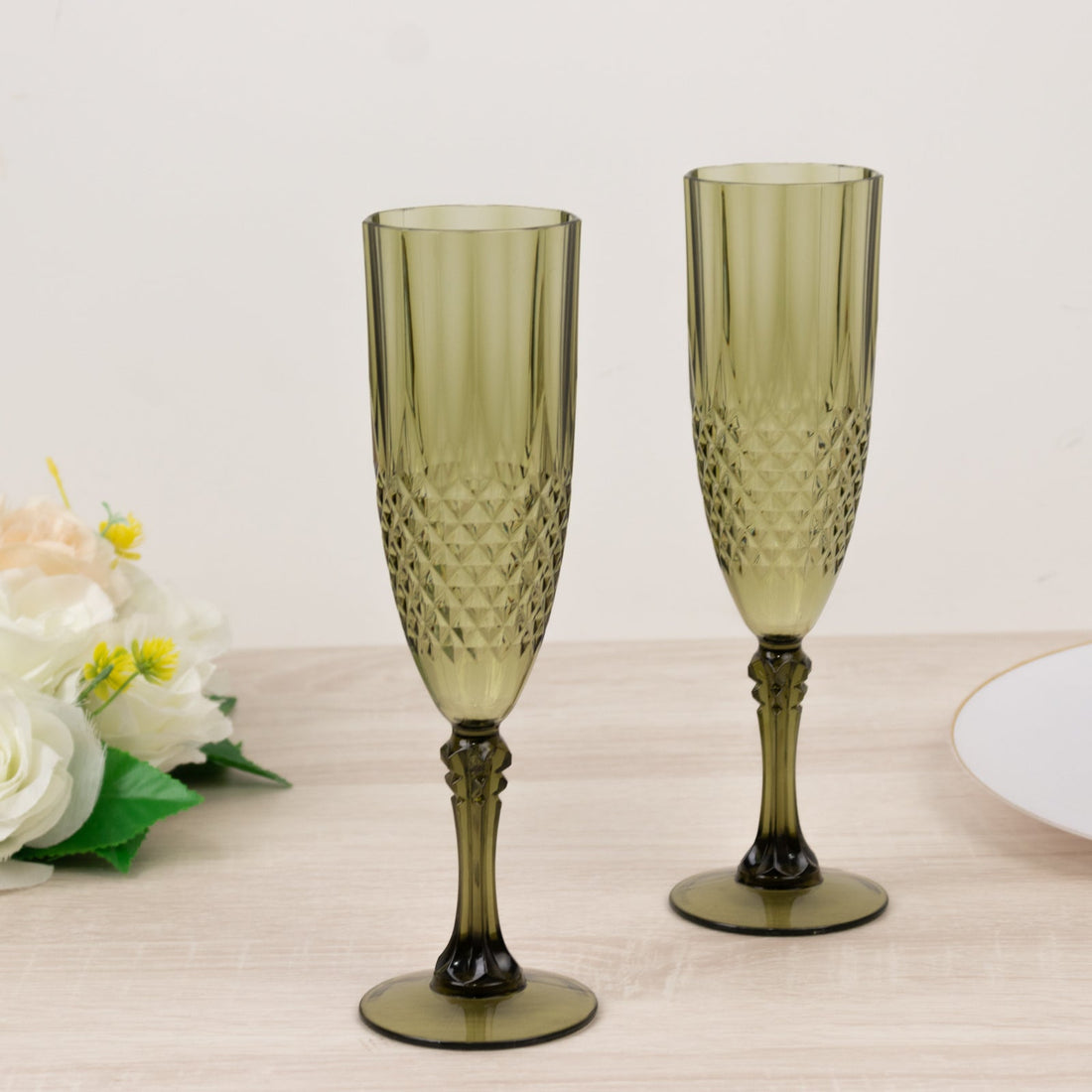 6-Pack Transparent Plastic Champagne Glasses 8oz, Crystal Cut Style Dusty Sage Green - Shatterproof