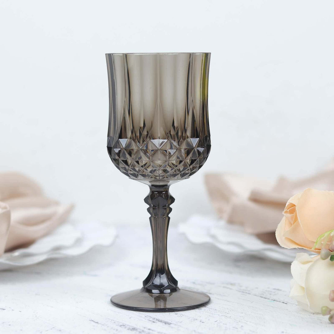 6 Pack | 8oz Black Crystal Cut Reusable Plastic Wine Glasses