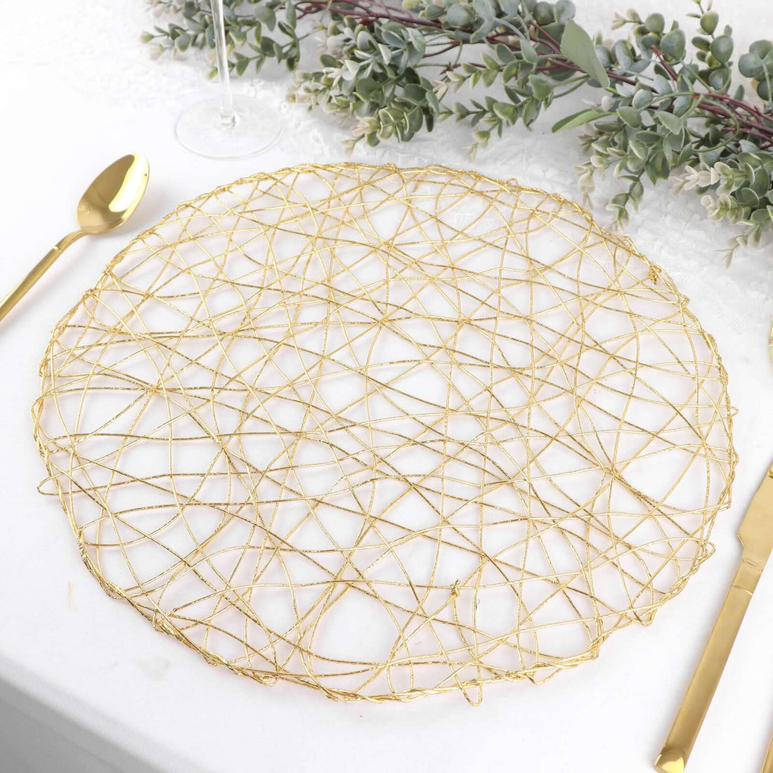 6 Pack | 15inch Gold Metallic String Woven Placemats, Round Table Mats