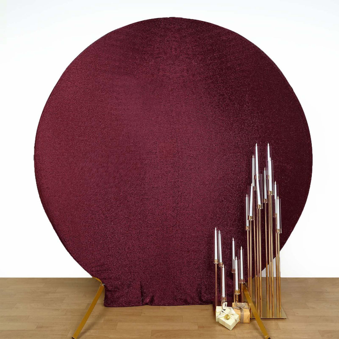 7.5ft Burgundy Metallic Shimmer Tinsel Spandex Round Backdrop, 2-Sided Wedding Arch Cover