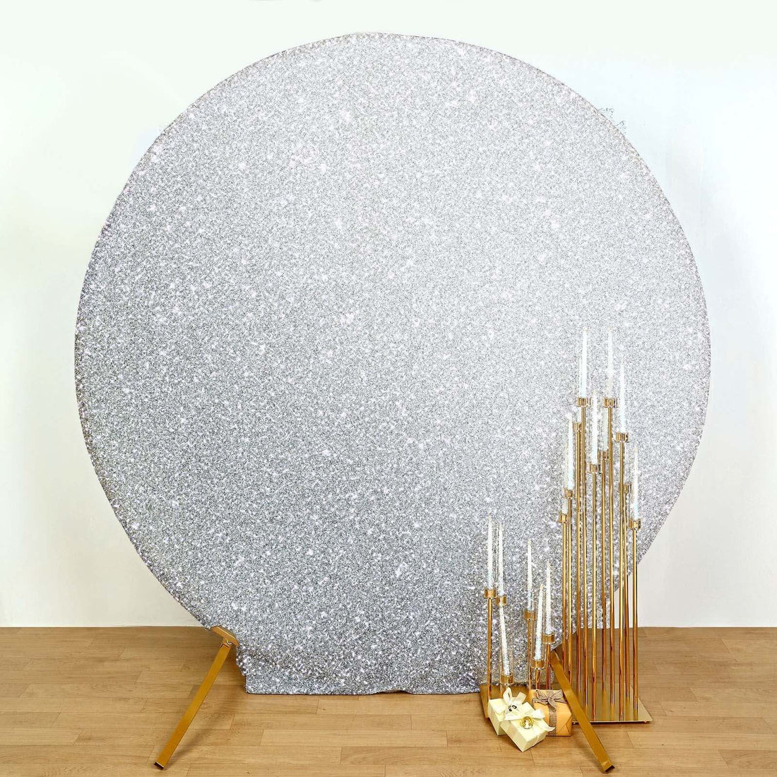 7.5ft Silver Metallic Shimmer Tinsel Spandex Round Backdrop, 2-Sided Wedding Arch Cover
