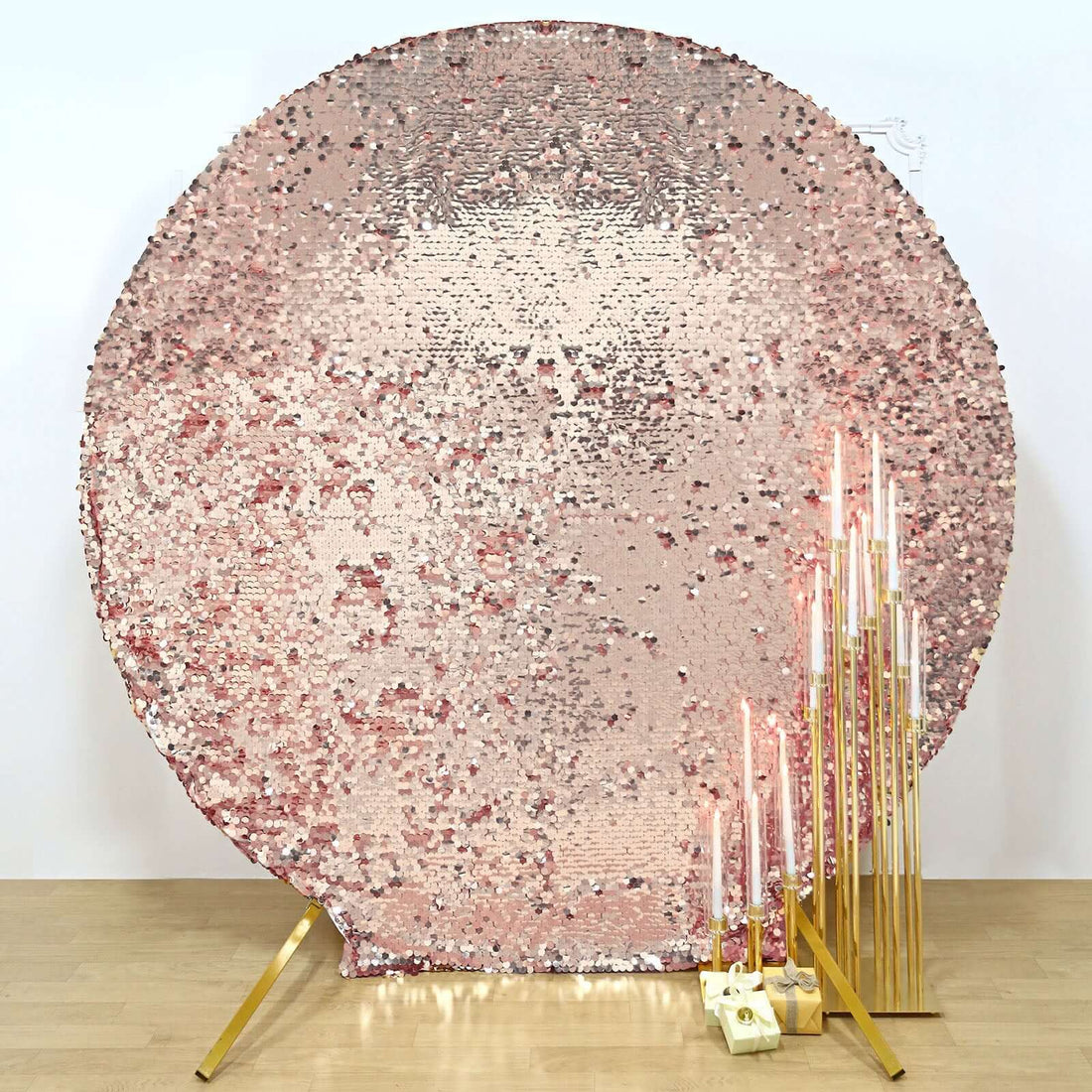 7.5ft Sparkly Blush / Rose Gold Double Sided Big Payette Sequin Round Fitted Wedding Arch Cover