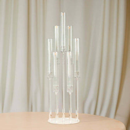 7-Arm Acrylic Cluster Round Taper Candelabra with Circular Base 33" Clear - Sophisticated Pillar Candle Holder Table Centerpiece for Events
