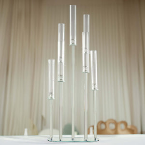 7-Arm Crystal Cluster Candelabra with Hurricane Shades 47" Clear - Stunning Wedding Aisle Table Centerpiece