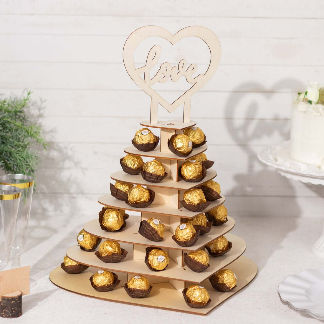 7-Tier Natural Wooden Heart Chocolate Display Stand with "Love" Topper, 16inch Unfinished DIY