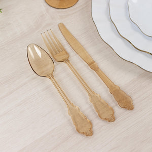 72 Pcs Plastic Silverware Set Amber Gold in Baroque Style - Heavy Duty Disposable Knife, Fork, and Spoon Set
