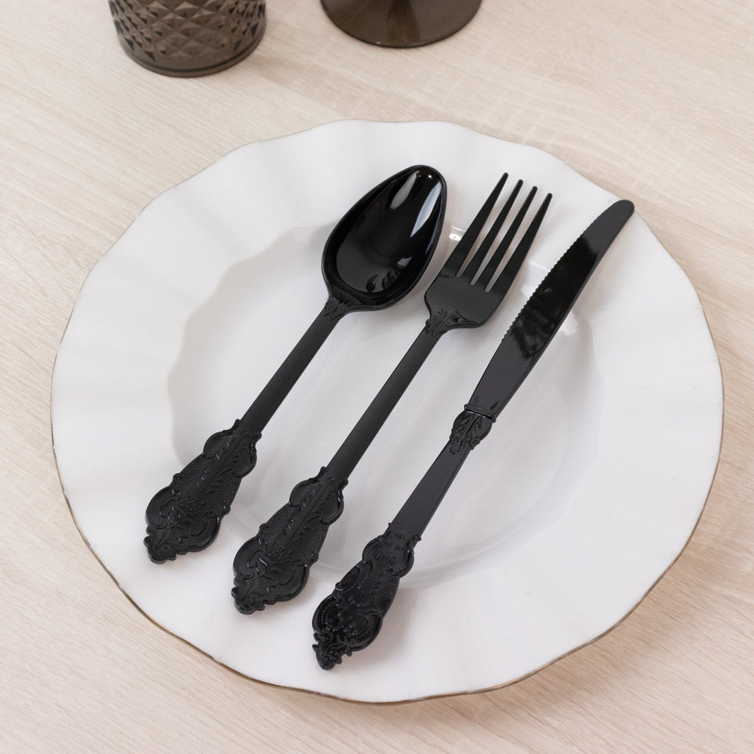 72 Pcs Plastic Silverware Set Black in Baroque Style