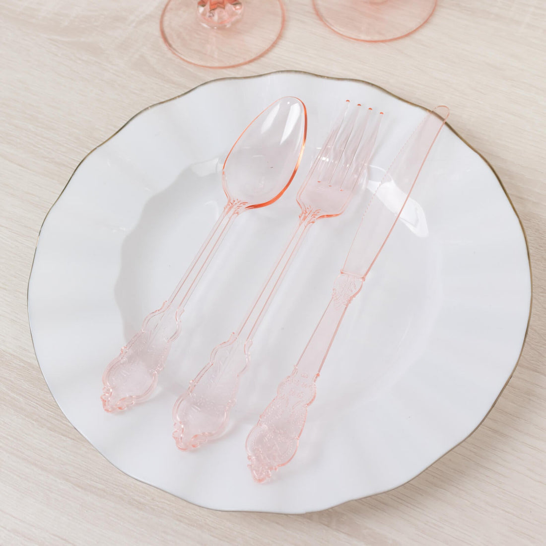 72 Pcs Plastic Silverware Set Transparent Blush in Baroque Style