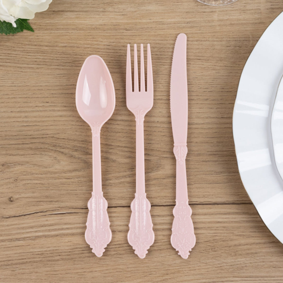 72 Pack Baroque Style Blush Plastic Silverware Set, Heavy Duty Disposable Forks