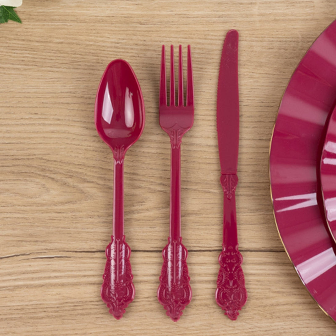 72 Pack Baroque Style Burgundy Plastic Silverware Set, Heavy Duty Disposable Forks