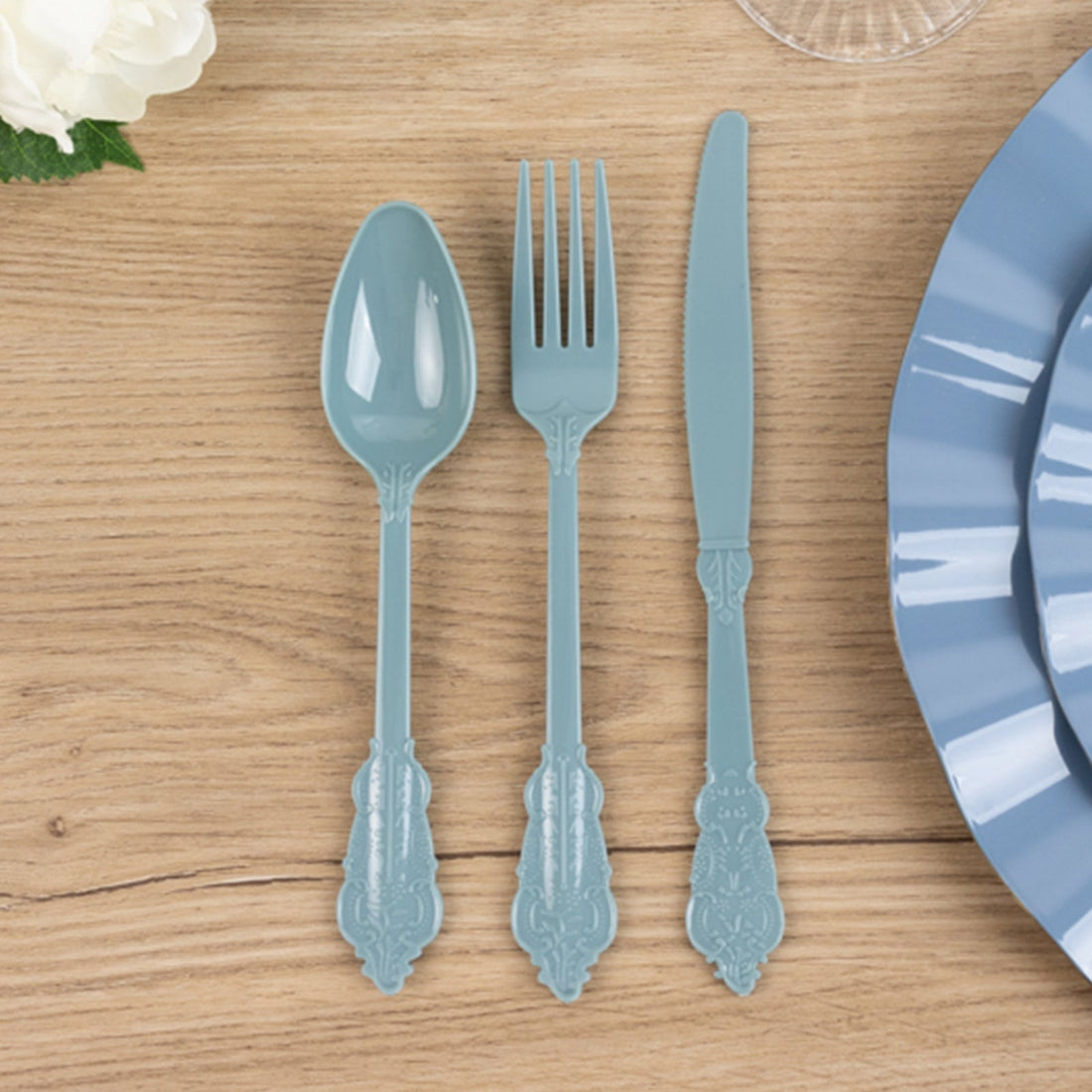 72 Pack Baroque Style Dusty Blue Plastic Silverware Set, Heavy Duty Disposable Forks